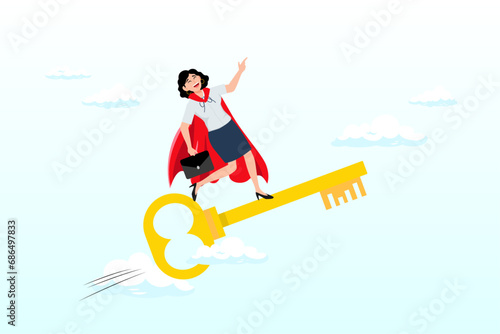 Businesswoman leader ride gold key success, key success to unlock true potential to win business or career improvement, moving forward for bright future, new opportunity or business direction (Vector)