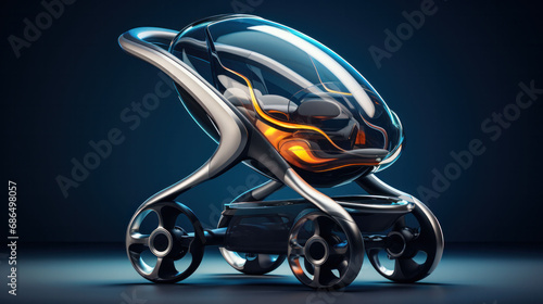 Sleek and modern capsule baby stroller concept with a glossy black finish, embodying the future of personal transportation. Aerodynamic curves enhance its cutting-edge appeal.