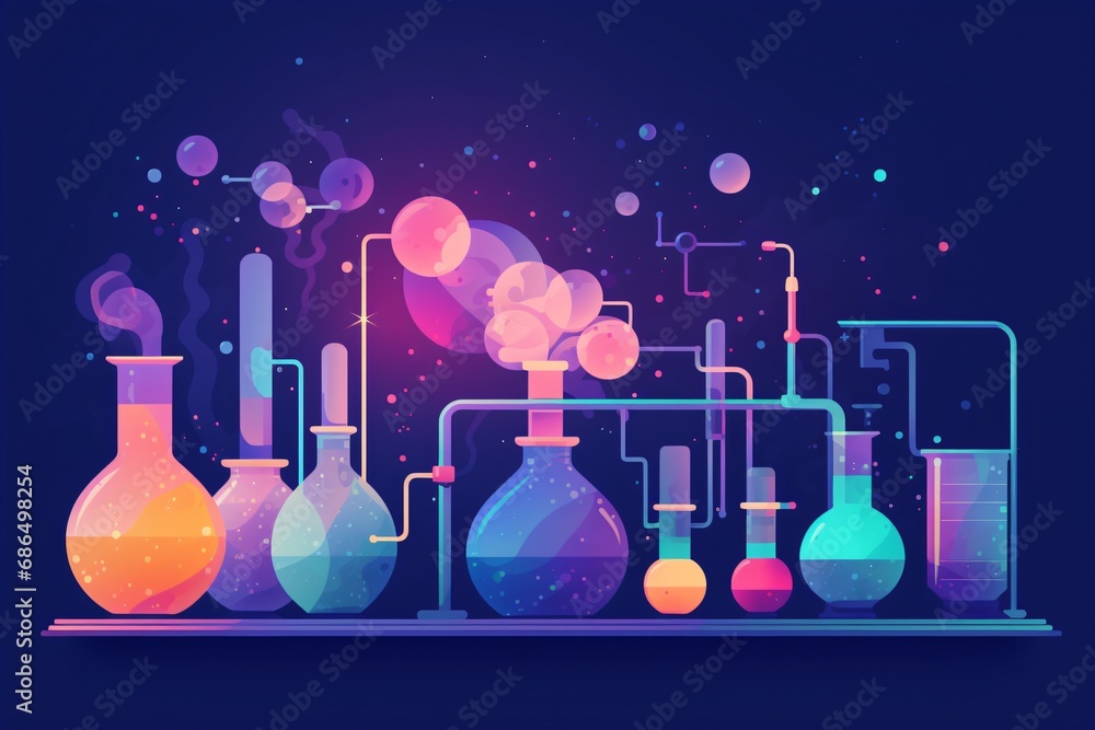 Graphic poster of a science lab with beakers, flasks, and chemicals