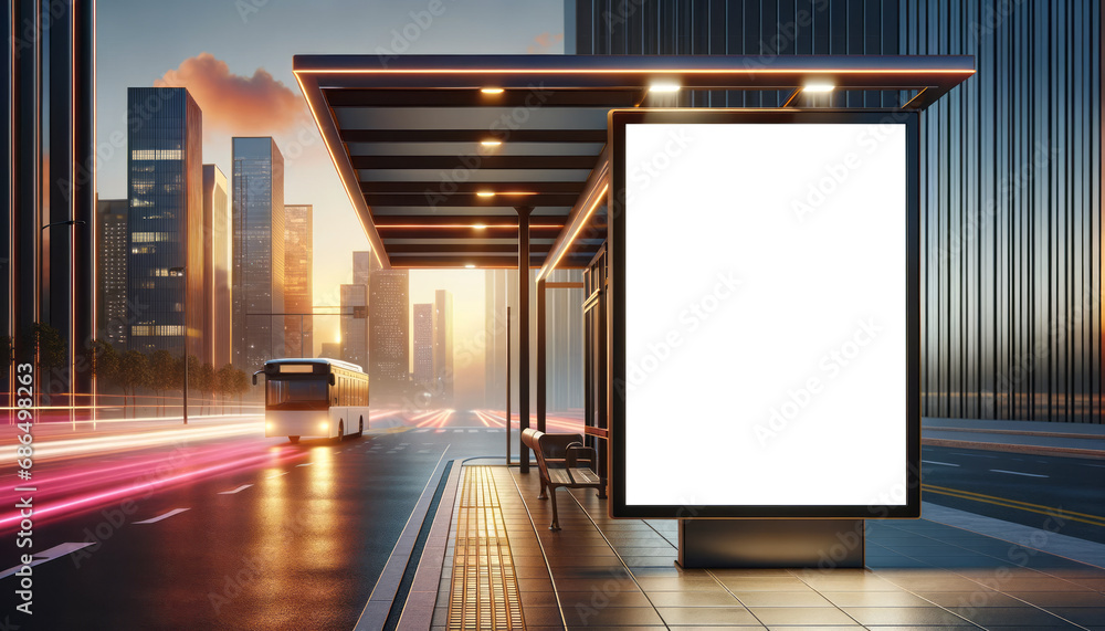 Modern bus stop with illuminated advertisement board at dawn, urban high-rise buildings backdrop. Marketing concept. Generative AI Modern bus stop with illuminated advertisement board at dawn, urban high-rise buildings backdrop. Marketing concept. Generative AI