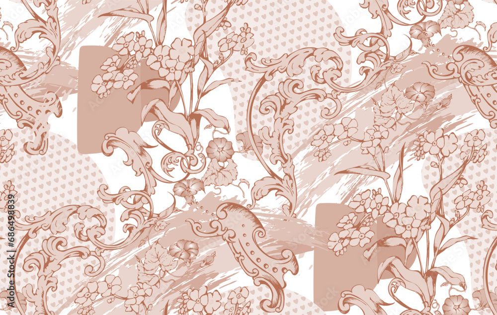 Abstract floral seamless pattern. In style rococo. Vector illustration. Suitable for fabric, wrapping paper and the like.