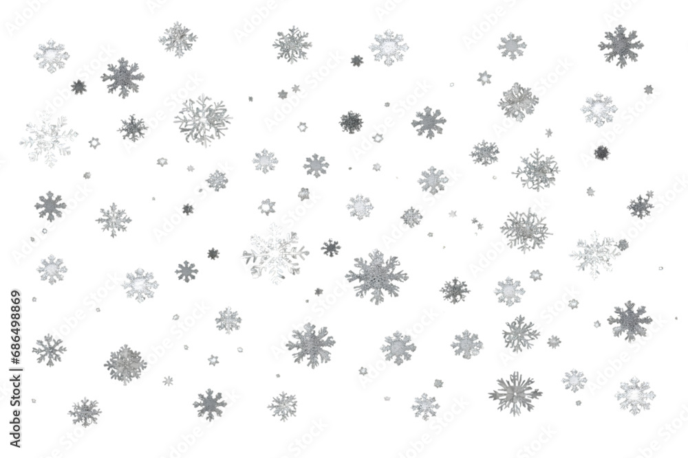 Vector heavy snowfall, snowflakes in different shapes and forms. Many white cold flake elements on transparent background. White snowflakes flying in the air. Snow flakes, snow backgro. generative ai.