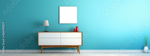 Vibrant blue wall interior with modern white cabinet and blank poster for mockup. Contemporary style. Generative AI