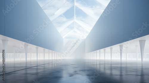 Futuristic white open space interior with geometric patterns and sunlight. Minimalist design and architecture concept. Generative AI