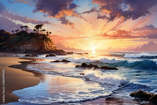 A dreamlike coastal masterpiece captures the tranquil embrace of an ocean sunset