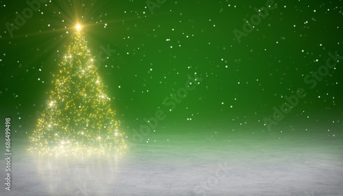 Illustation of a shiny Christmas tree with glitter effect on green background. - Vacation concept - Abstract background.