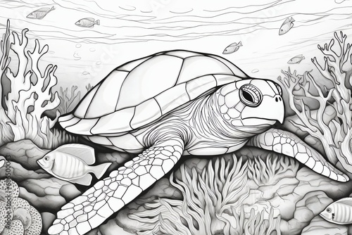 a coloring book page of an underwater scene photo