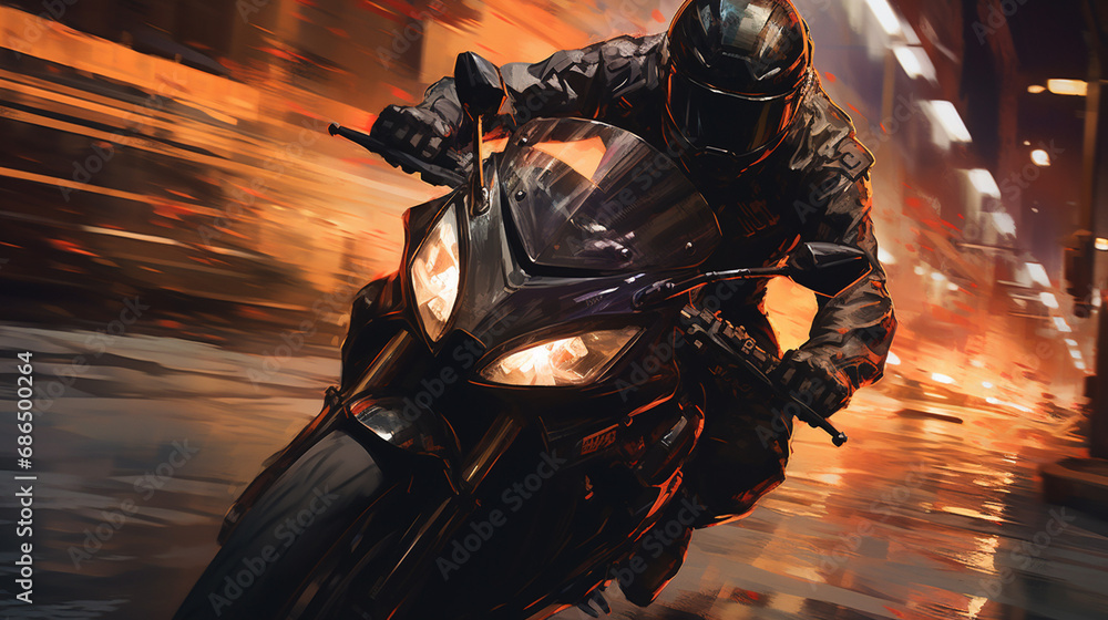 illustrated of a man wearing a helmet and riding fast a motorcycle
