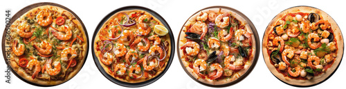 Seafood pizza with shrimps on a plate, top view