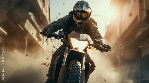 A man riding a motorcycle motor cross dirtbike in city photo