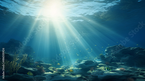 Under the sea scene with surface and sunrays reaching the seabed coral rock and fish photo