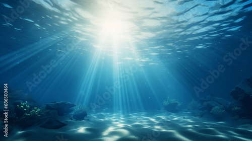 Under the sea scene with surface and sunrays reaching the seabed © Rames studio