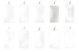 White fabric tags different shapes isolated on transparent background. Vector realistic mockup of blank cloth labels with stitches. generative ai.