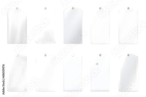 White fabric tags different shapes isolated on transparent background. Vector realistic mockup of blank cloth labels with stitches. generative ai.