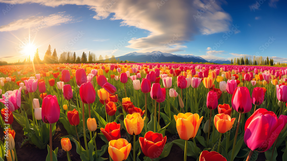 The beauty of a spring tulip colony, bathed in the soft glow of morning sunlight. Generative Ai