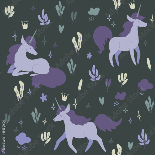 Seamless pattern cartoon unicorns. Textile, print