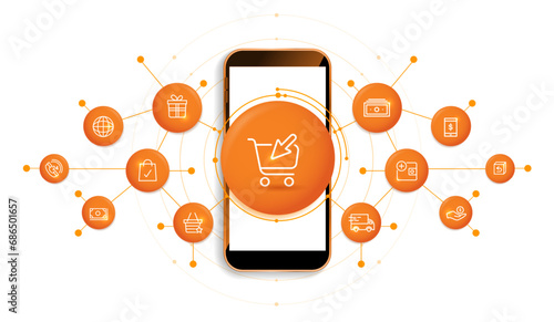 Online shopping digital technology in smartphones with icon on white background. digital fantastic. e-commerce online store marketing for advertising design. internet supermarket connect. vector.