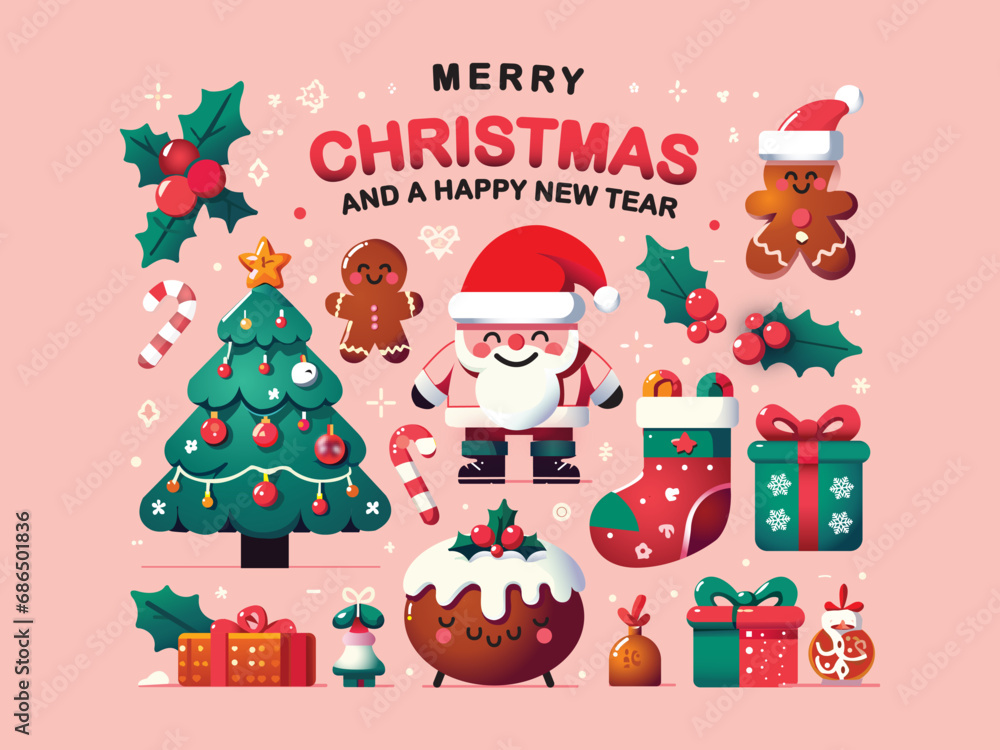Fototapeta premium christmas banner christmas traditional elements holiday background santa claus design