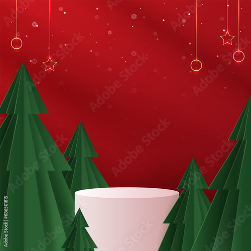 Podium shape for show cosmetic product display for christmas day or new years. Stand product showcase on red background with tree christmas. vector design.