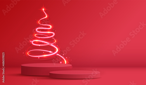 Podium shape for show cosmetic product display for christmas day or new years. stand product showcase on red background with tree christmas, golden ball and light. vector design.