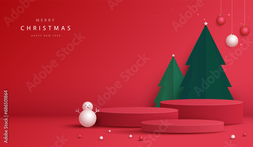 Podium shape for show cosmetic product display for Christmas day or New Years. Stand product showcase on red background with tree christmas. vector design.