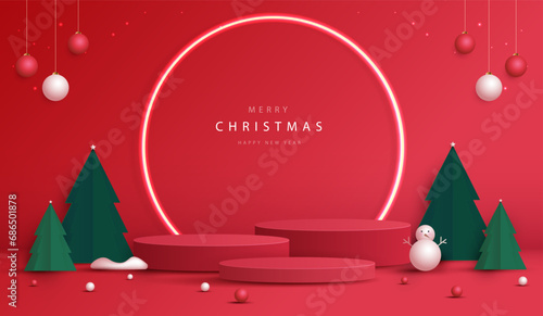 Podium shape for show cosmetic product display for Christmas day or New Years. Stand product showcase on red background with tree christmas. vector design.