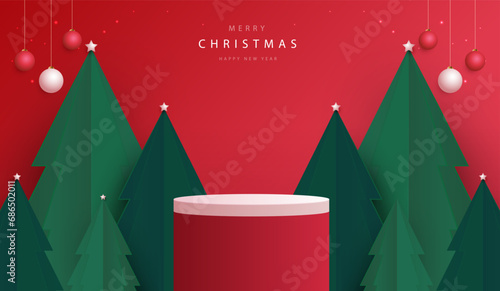 Podium shape for show cosmetic product display for Christmas day or New Years. Stand product showcase on red background with tree christmas. vector design.