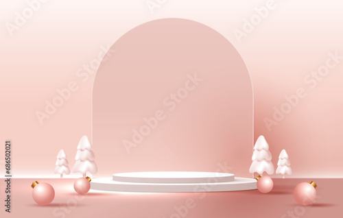 Podium shape for show cosmetic product display for Christmas day or New Years. Stand product showcase on red background with tree christmas. vector design.