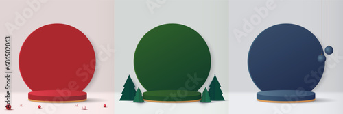 Set podium shape for show cosmetic product display for christmas day or new years. stand product showcase with tree, ball and stars christmas. vector design.