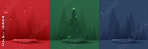 Set podium shape for show cosmetic product display for christmas day or new years. stand product showcase with tree, ball and stars christmas. vector design.