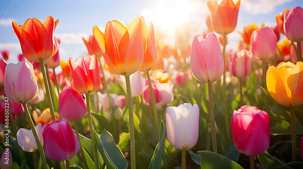 The beauty of a spring tulip colony, bathed in the soft glow of morning sunlight. Generative Ai