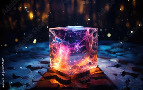 Cube in a glass with colorful light glow.
