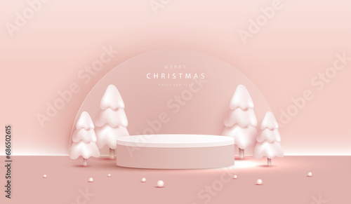 Podium shape for show cosmetic product display for christmas day or new years. stand product showcase on pink background with tree, ball and stars christmas. vector design.