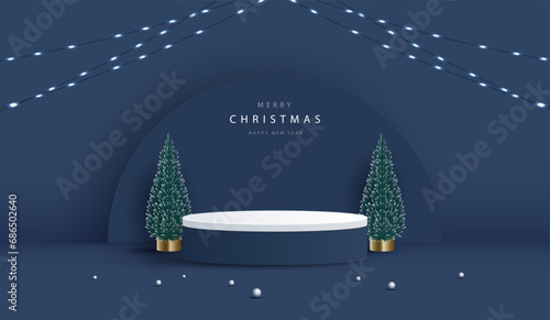 Podium shape for show cosmetic product display for christmas day or new years. stand product showcase on blue background with tree, ball and light christmas. vector design.