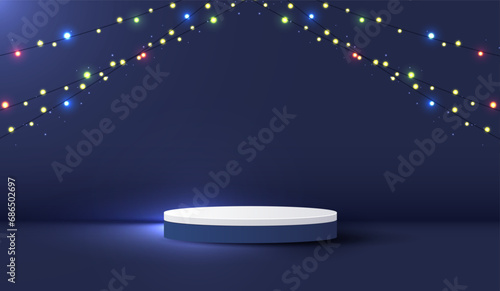 Podium shape for show cosmetic product display for christmas day or new years. stand product showcase on blue background and light. vector design.
