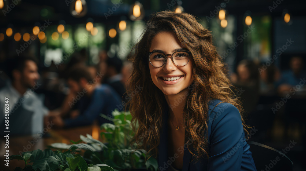 custom made wallpaper toronto digitalPortrait of a smiling brunette sitting at a table in a public place. Successful girl, business woman