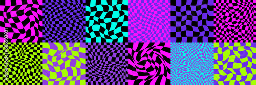 Checkerboard psychedelic pattern set acid neon color. Checkerboard background y2k retro grid. Psychedelic texture vector illustration.