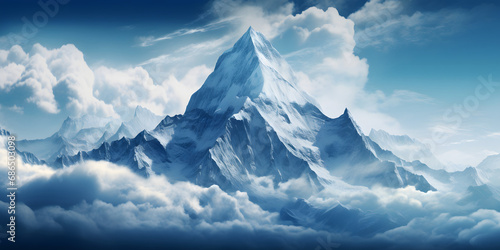 Illustration of soft clouds and blue sky above serene mountain peaks