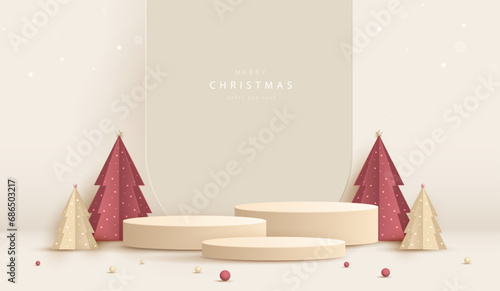 Podium shape for show cosmetic product display for christmas day or new years. Stand product showcase minimal on cream background with tree christmas. vector design.