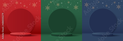 Set podium shape for show cosmetic product display for christmas day or new years. stand product showcase with snowflake. vector design.