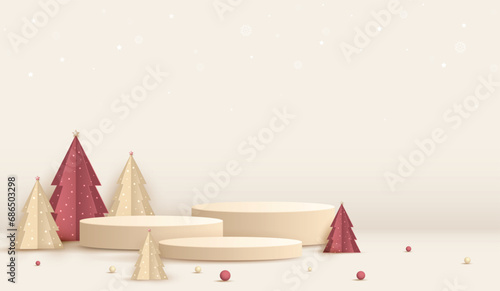 Podium shape for show cosmetic product display for christmas day or new years. Stand product showcase minimal on cream background with tree christmas. vector design.