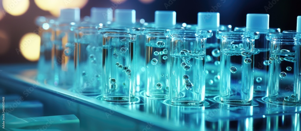 Closeup of medical glassware, specifically test tubes.