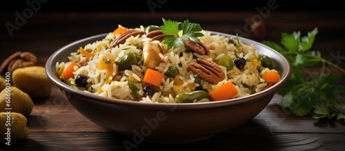 Detailed visual of The Indian Pulav  a combination of rice  veggies  and or meat. Basmati rice is sauteed in oil  then mixed with vegetables  eggs  chicken  nuts  and fruits.