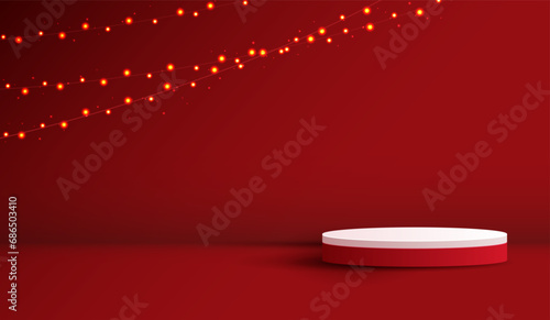 Podium shape for show cosmetic product display for christmas day or new years. stand product showcase on red background and light. vector design.