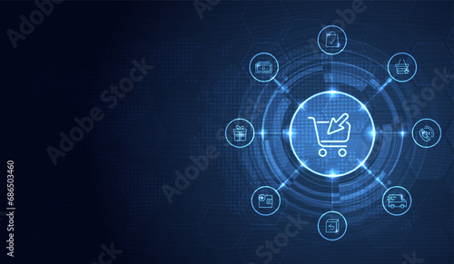Online shopping digital technology with icon on blue background. digital fantastic design. e-commerce online store marketing for advertising design. internet supermarket connect. vector design. photo