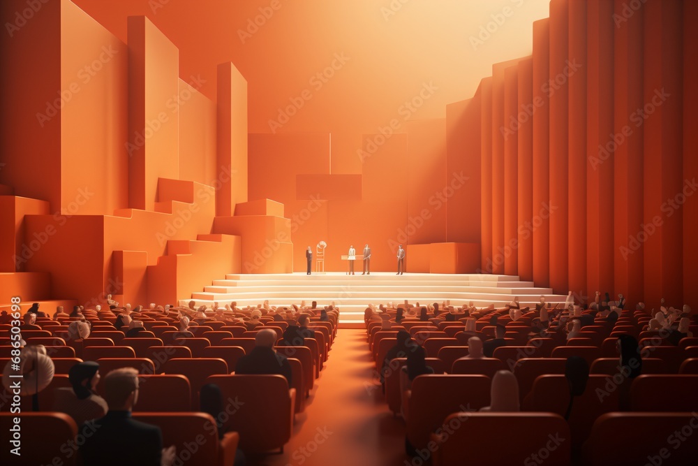 Cartoon illustration of a man giving a speech and presentation on a stage in front of audience Cartoon illustration of a man giving a speech and presentation on a stage in front of audience
