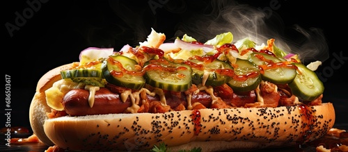 Close-up with fresh ingredients: Hot Dog topped with fried onions and cucumbers.