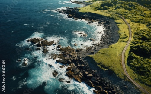 View from the top of the mountain with sea and road.