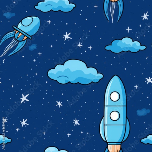 seamless pattern with rocket, space, stars on a blue background. Print for fabric. Children's design. wallpaper. endless background