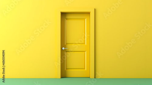 Green door Open entrance in yellow background room. minimal concept idea creative. 3D render. generative ai. photo